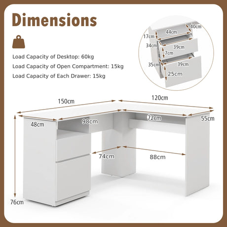 L-Shaped Computer Desk with Letter File Drawer-White