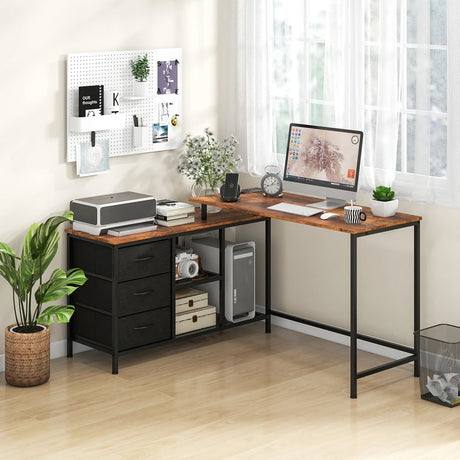 L-Shaped Computer Desk with Drawers Shelves and Charging Station-Rustic Brown