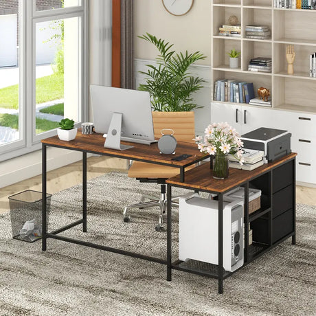 L-Shaped Computer Desk with Drawers Shelves and Charging Station-Rustic Brown