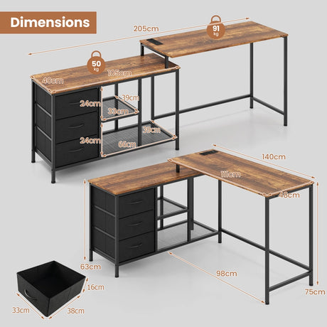 L-Shaped Computer Desk with Drawers Shelves and Charging Station-Rustic Brown