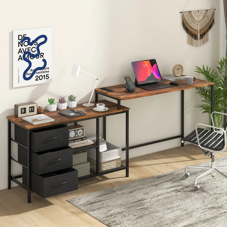 L-Shaped Computer Desk with Drawers Shelves and Charging Station-Rustic Brown