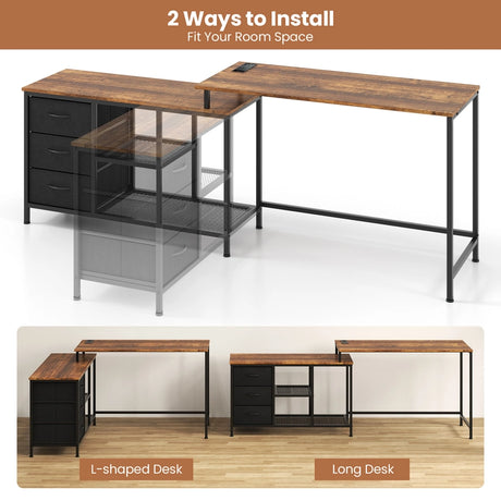 L-Shaped Computer Desk with Drawers Shelves and Charging Station-Rustic Brown