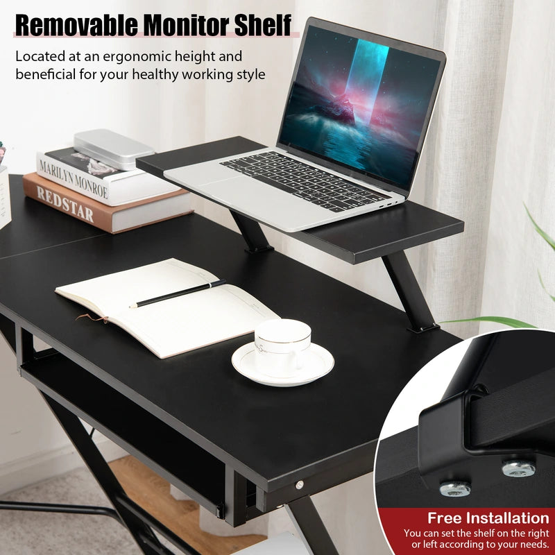 L Shaped Computer Desk Home Office Workstation with Movable Monitor Stand-Black