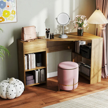 L-Shaped Computer Desk with Storage and Open Shelves for Living Room Bedroom-Natural