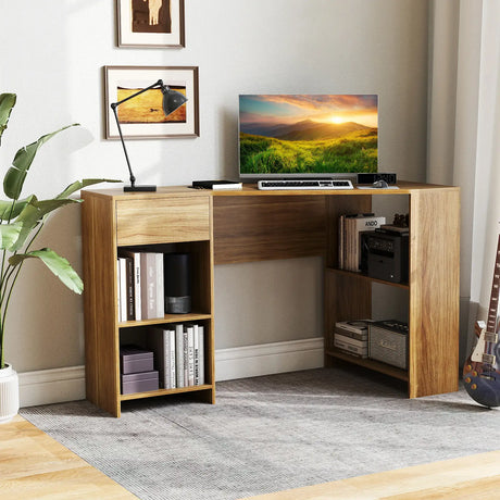 L-Shaped Computer Desk with Storage and Open Shelves for Living Room Bedroom-Natural