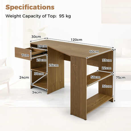L-Shaped Computer Desk with Storage and Open Shelves for Living Room Bedroom-Natural