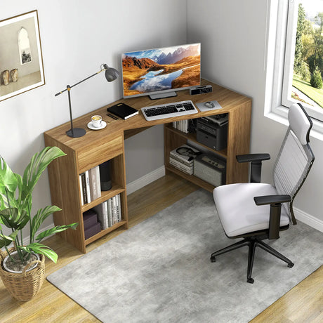 L-Shaped Computer Desk with Storage and Open Shelves for Living Room Bedroom-Natural