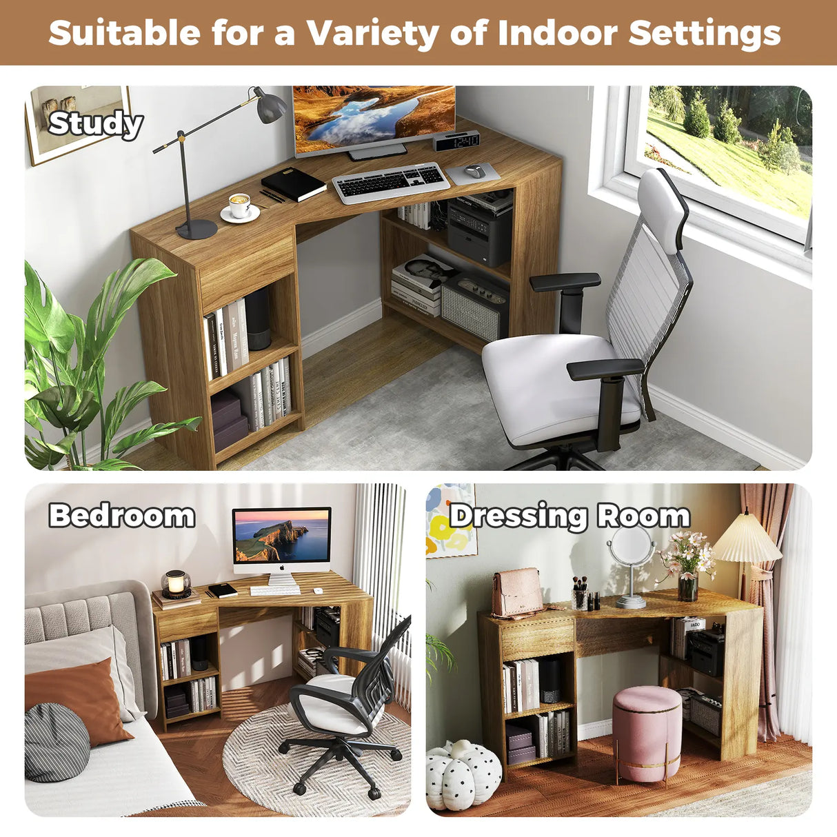 L-Shaped Computer Desk with Storage and Open Shelves for Living Room Bedroom-Natural