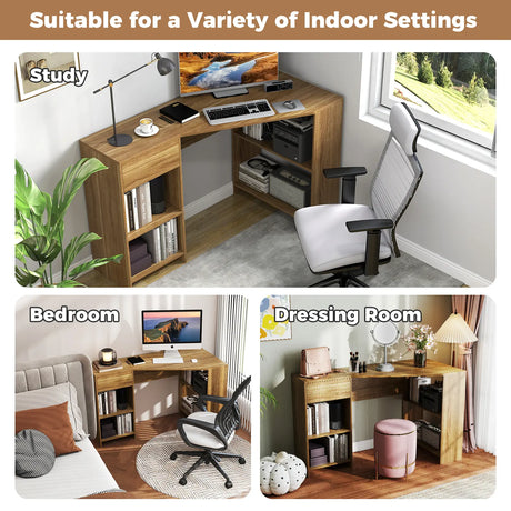 L-Shaped Computer Desk with Storage and Open Shelves for Living Room Bedroom-Natural
