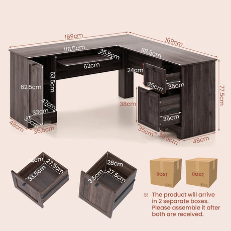 L-Shaped Office Desk with Storage Drawers and Keyboard Tray-Dark Brown