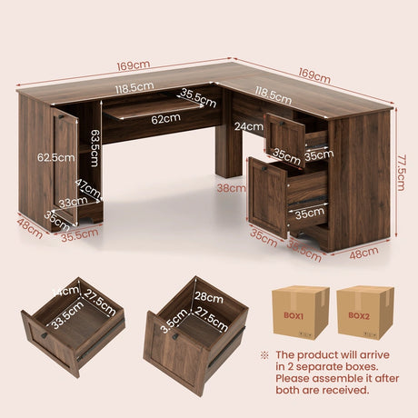 L-Shaped Office Desk with Storage Drawers and Keyboard Tray-Walnut