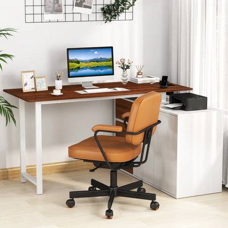 L-Shaped Desk with File Cabinet and Power Outlet-Natural and White