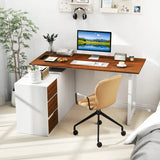 L-Shaped Desk with File Cabinet and Power Outlet-Natural and White