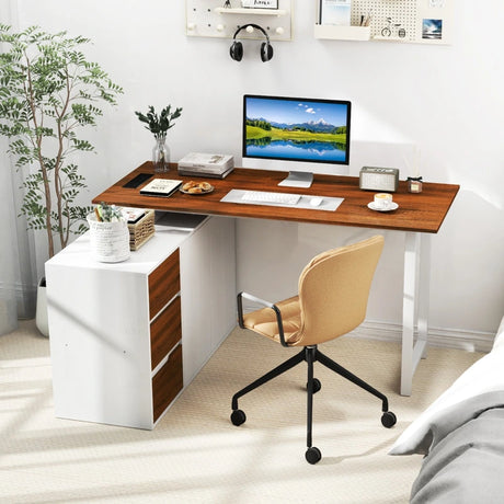 L-Shaped Desk with File Cabinet and Power Outlet-Natural and White