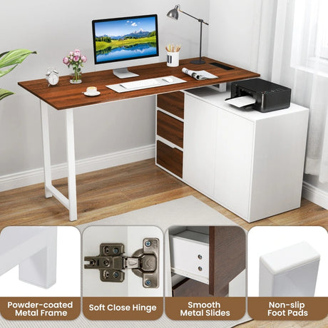 L-Shaped Desk with File Cabinet and Power Outlet-Natural and White