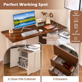 L-Shaped Desk with File Cabinet and Power Outlet-Natural and White