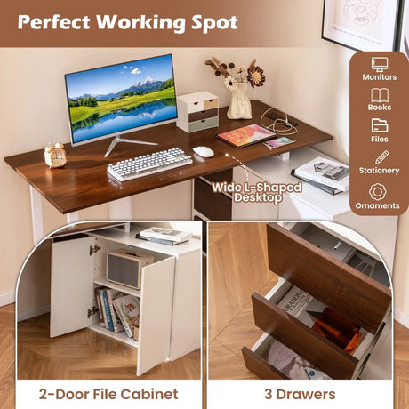 L-Shaped Desk with File Cabinet and Power Outlet-Natural and White