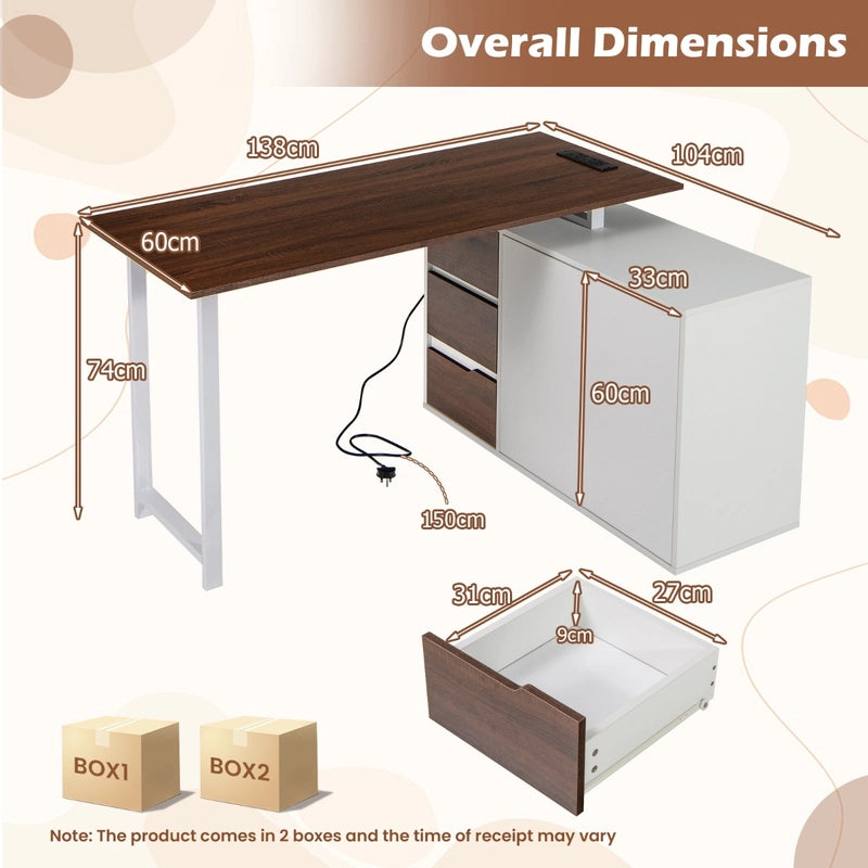 L-Shaped Desk with File Cabinet and Power Outlet-Natural and White