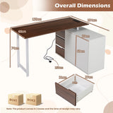 L-Shaped Desk with File Cabinet and Power Outlet-Natural and White