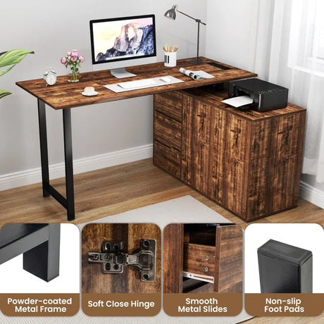 L-Shaped Desk with File Cabinet and Power Outlet-Black and Brown