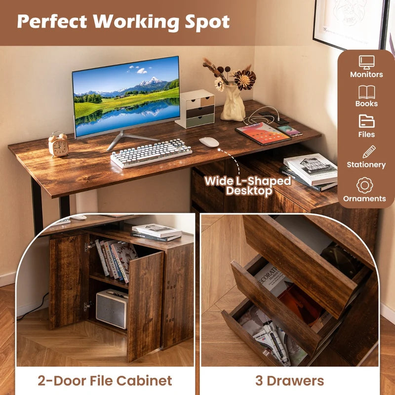 L-Shaped Desk with File Cabinet and Power Outlet-Black and Brown