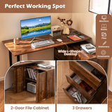 L-Shaped Desk with File Cabinet and Power Outlet-Black and Brown