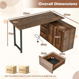 L-Shaped Desk with File Cabinet and Power Outlet-Black and Brown
