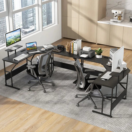 L-shaped Desk Corner Computer Desk with Movable Monitor Stand-Black