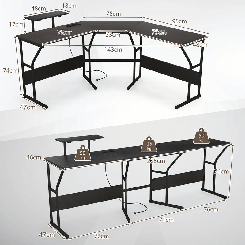 L-shaped Desk Corner Computer Desk with Movable Monitor Stand-Black