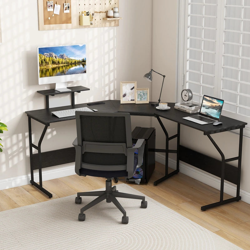 L-shaped Desk Corner Computer Desk with Movable Monitor Stand-Black