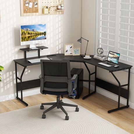 L-shaped Desk Corner Computer Desk with Movable Monitor Stand-Black