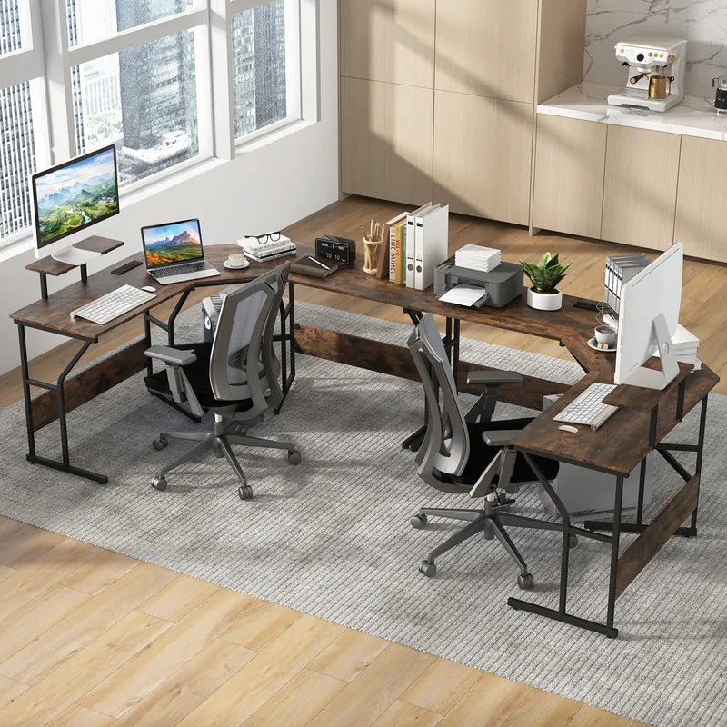 L-shaped Desk Corner Computer Desk with Movable Monitor Stand-Rustic Brown