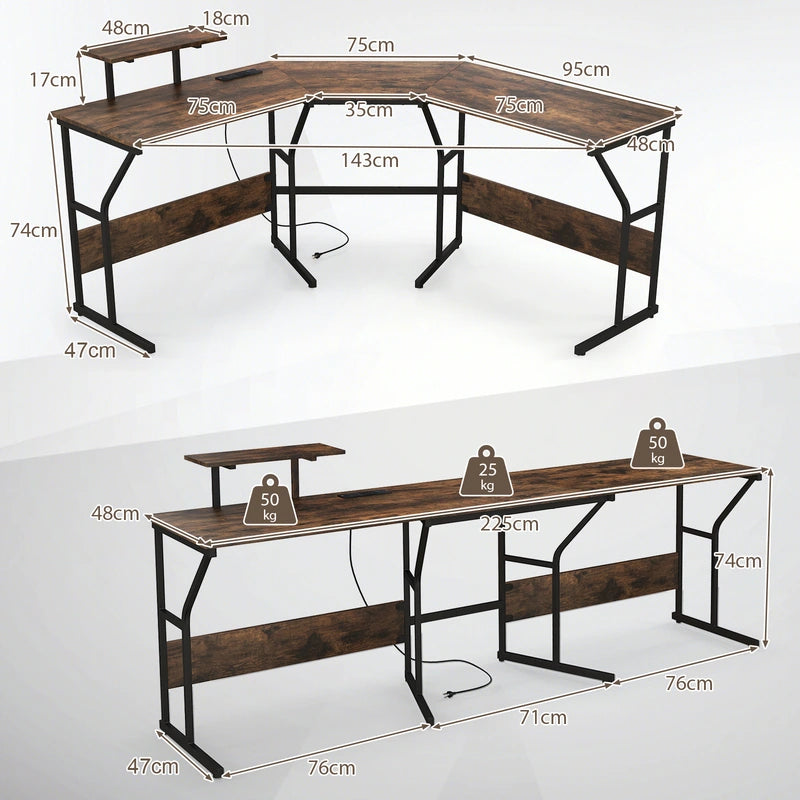 L-shaped Desk Corner Computer Desk with Movable Monitor Stand-Rustic Brown