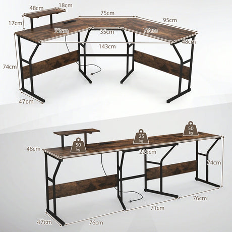 L-shaped Desk Corner Computer Desk with Movable Monitor Stand-Rustic Brown