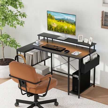 L-Shaped Gaming Desk 120 cm Computer Desk with LED Lights and Power Outlets-Black