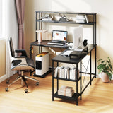 L-Shaped Gaming Desk with LED Strip and Power Outlets-Black