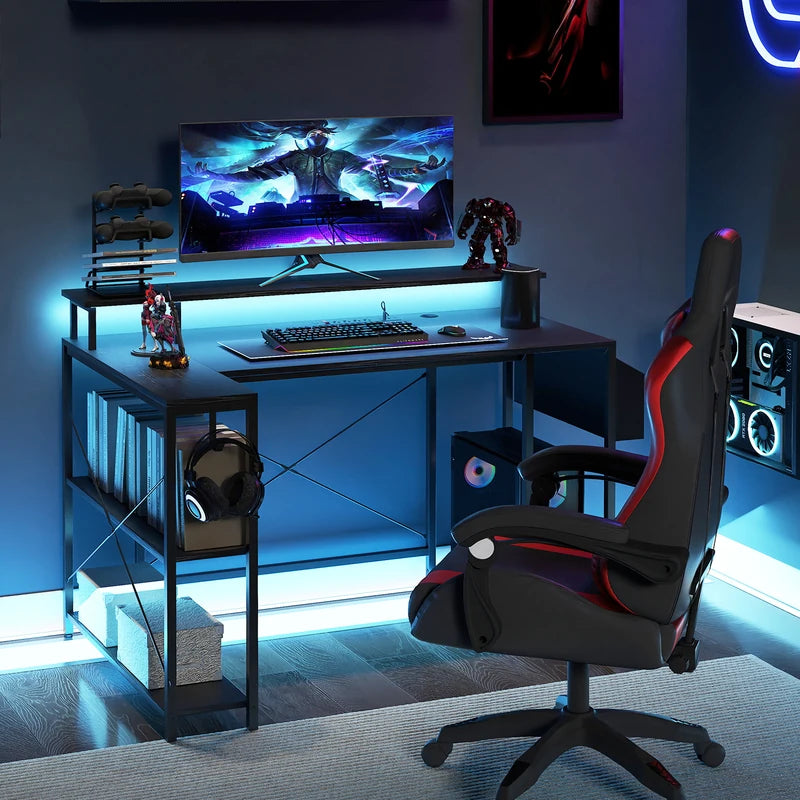 L-Shaped Gaming Desk 120 cm Computer Desk with LED Lights and Power Outlets-Black