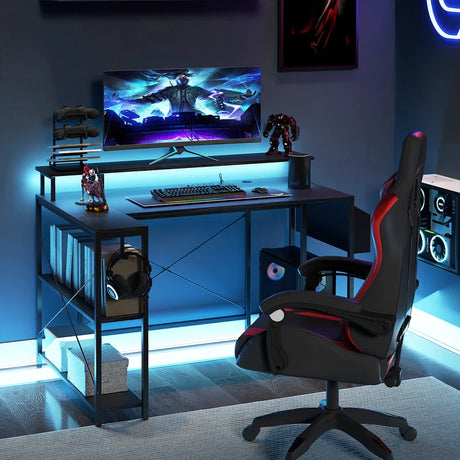 L-Shaped Gaming Desk 120 cm Computer Desk with LED Lights and Power Outlets-Black