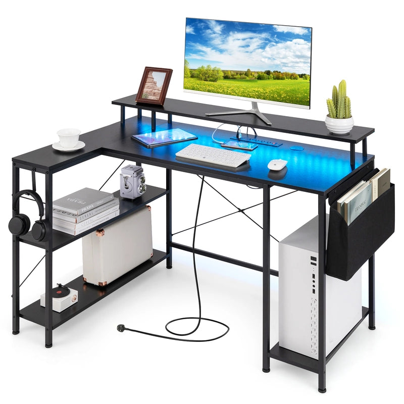 L-Shaped Gaming Desk 120 cm Computer Desk with LED Lights and Power Outlets-Black