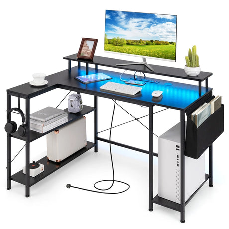 L-Shaped Gaming Desk 120 cm Computer Desk with LED Lights and Power Outlets-Black