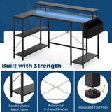 L-Shaped Gaming Desk 120 cm Computer Desk with LED Lights and Power Outlets-Black