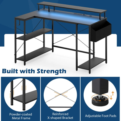 L-Shaped Gaming Desk 120 cm Computer Desk with LED Lights and Power Outlets-Black