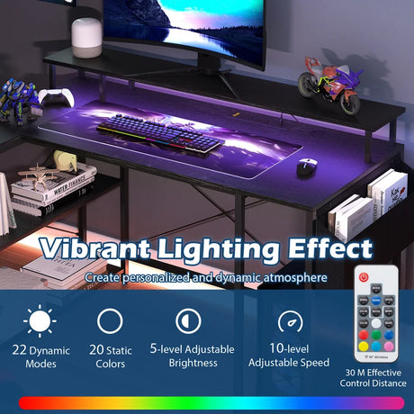 L-Shaped Gaming Desk 120 cm Computer Desk with LED Lights and Power Outlets-Black