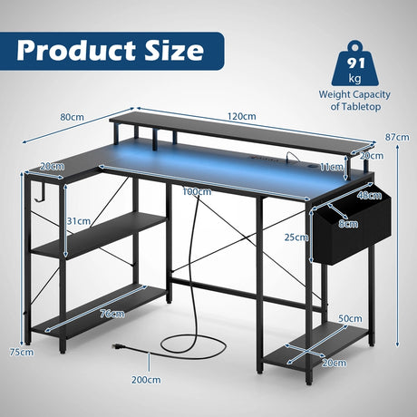 L-Shaped Gaming Desk 120 cm Computer Desk with LED Lights and Power Outlets-Black
