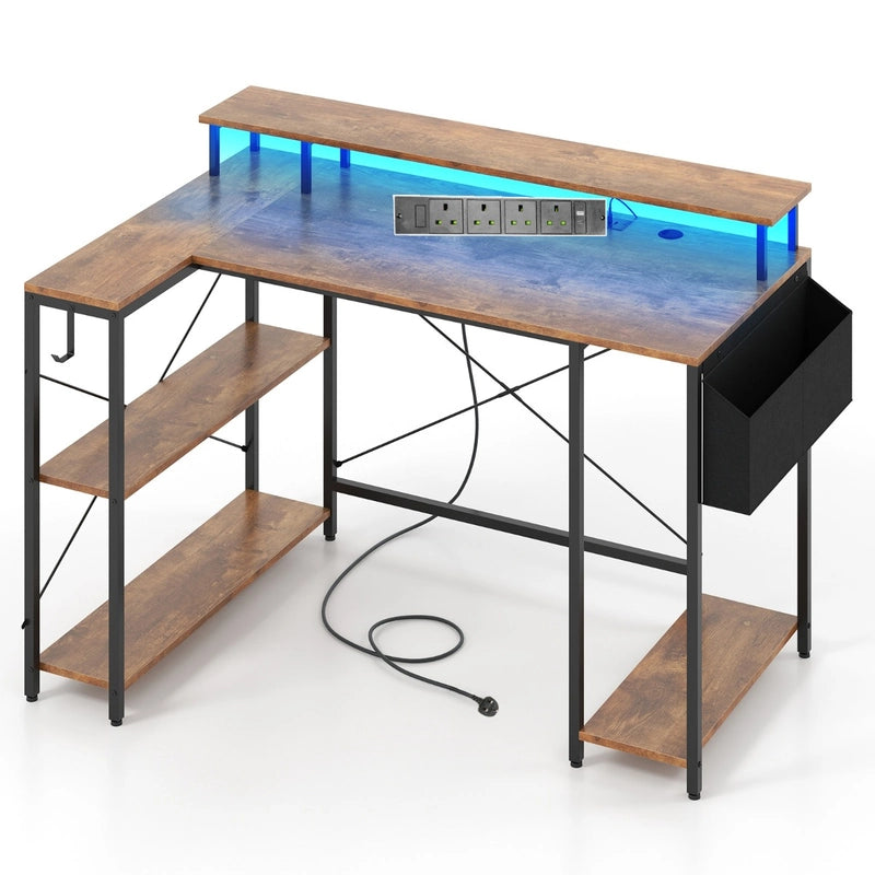 L-Shaped Gaming Desk 120 cm Computer Desk with LED Lights and Power Outlets-Rustic Brown