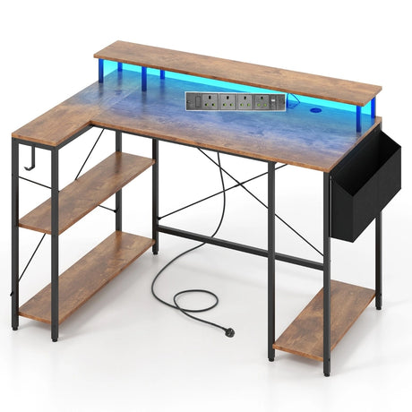 L-Shaped Gaming Desk 120 cm Computer Desk with LED Lights and Power Outlets-Rustic Brown
