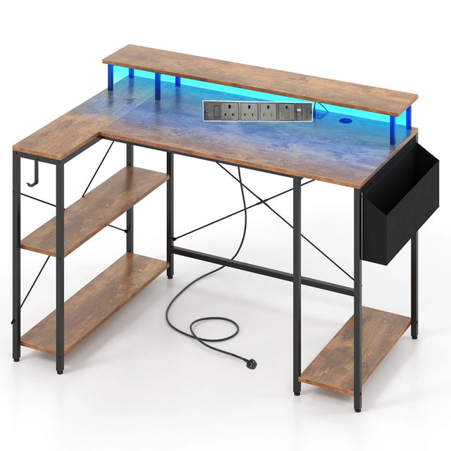L-Shaped Gaming Desk 120 cm Computer Desk with LED Lights and Power Outlets-Rustic Brown