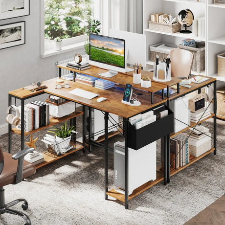 L-Shaped Gaming Desk 120 cm Computer Desk with LED Lights and Power Outlets-Rustic Brown