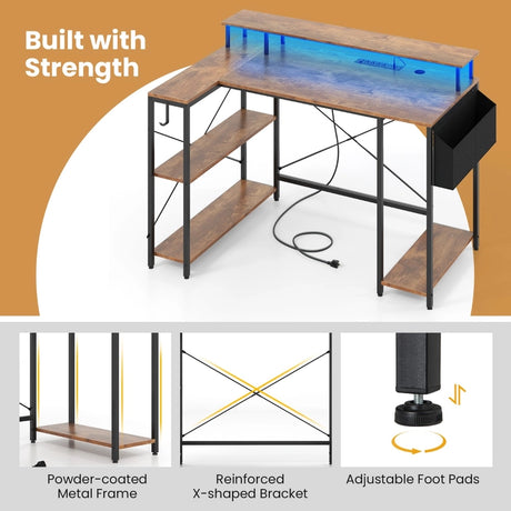 L-Shaped Gaming Desk 120 cm Computer Desk with LED Lights and Power Outlets-Rustic Brown