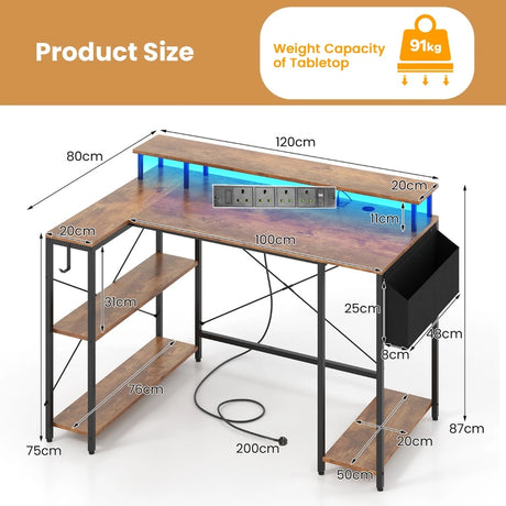 L-Shaped Gaming Desk 120 cm Computer Desk with LED Lights and Power Outlets-Rustic Brown